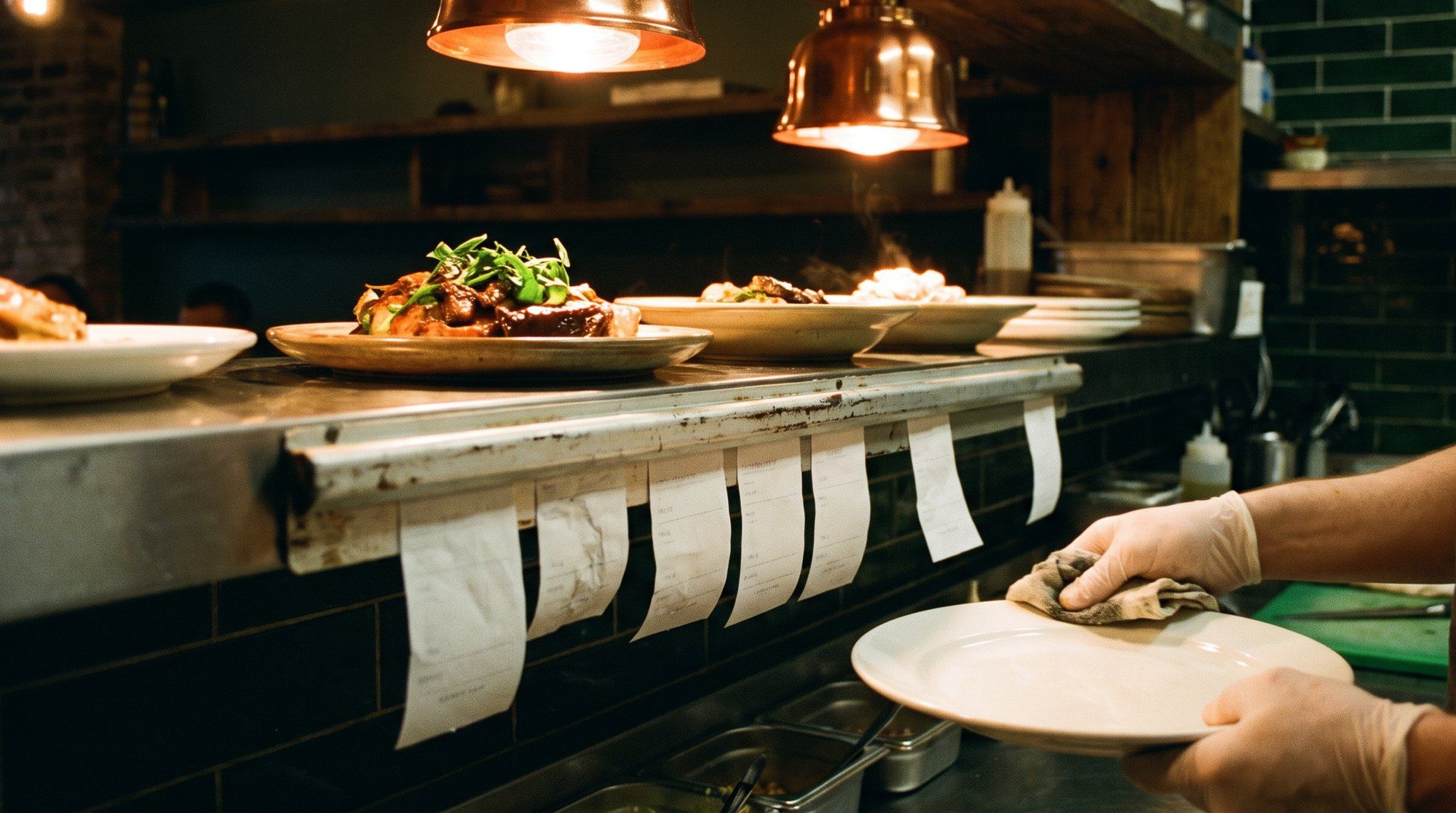 Plates waiting under copper heat lamps at a kitchen pass while a cook wipes a plate rim.